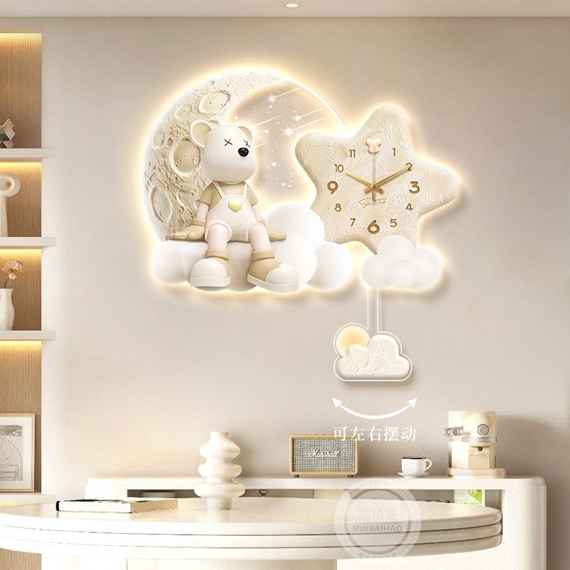 奶油风餐厅装饰画时钟表挂钟客厅背景墙挂画创意高级感暴力熊壁画,家居饰品,现代装饰画,淘宝优惠券,粉丝福利购,淘宝优惠卷