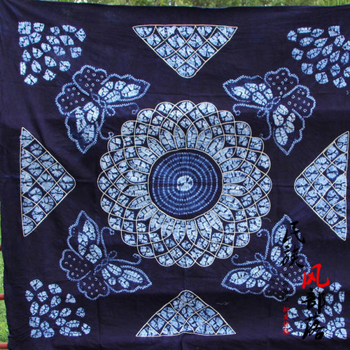 云南大理扎染布蓝色手工扎染桌布餐桌布挂布蝴蝶图茶几桌布140CM