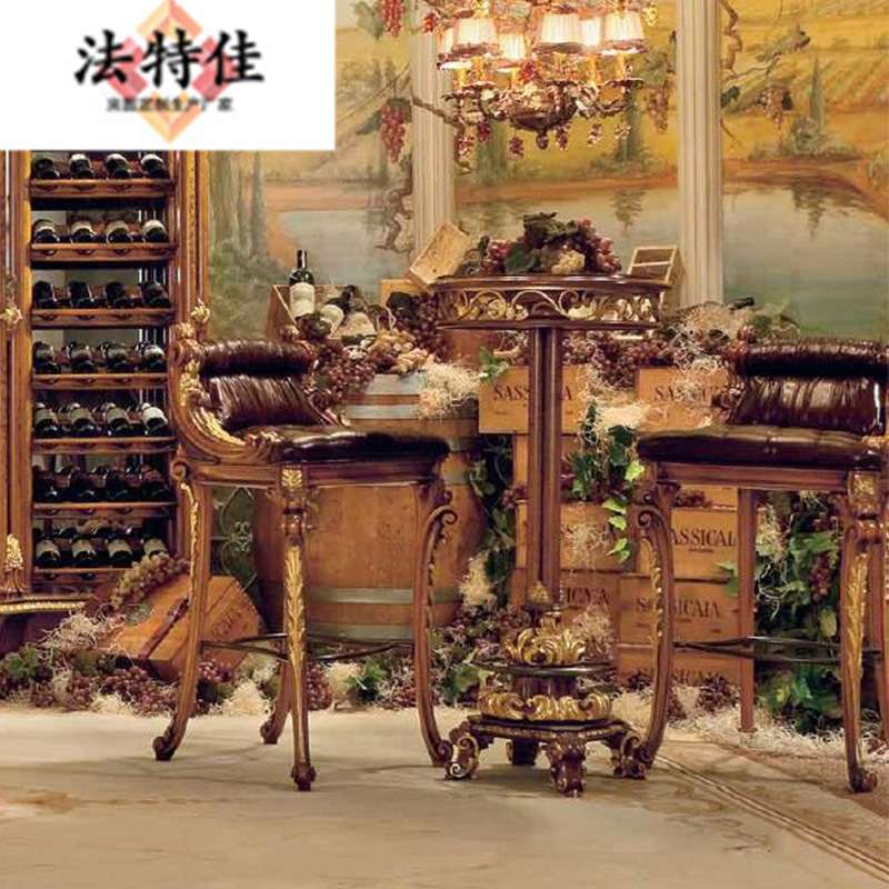 欧式餐厅家具 别墅手工描金工艺实木雕花吧桌 大小户型吧台吧椅组