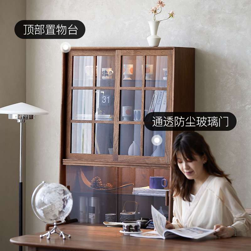 崇匠家具实木书柜玻璃门防尘展示柜书架餐边柜黑胡桃木复古客厅