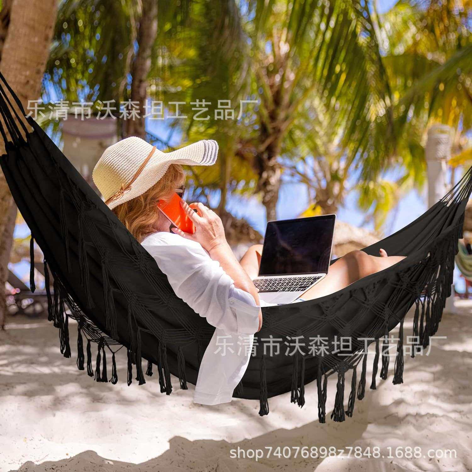 欧美波西米亚秋千野营用品吊椅户外流苏双人吊床纯手工编制