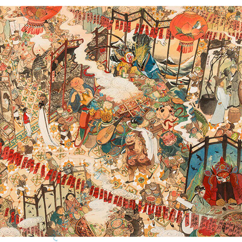一二山皇小小 人间烟火 水墨画客厅玄关电箱火锅餐厅装饰画横画