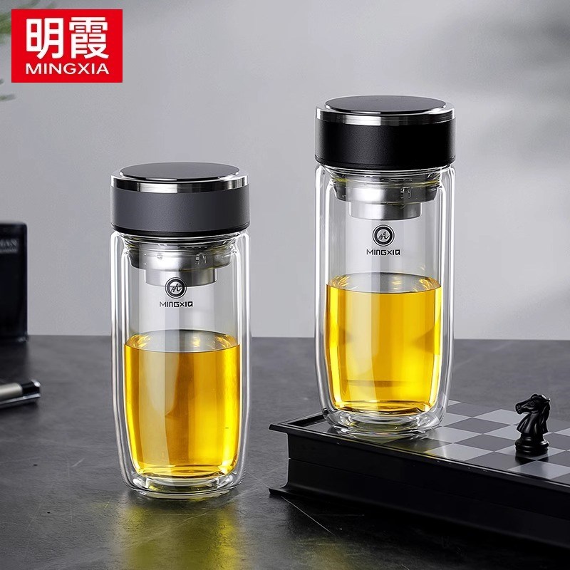明霞玻璃杯双层男士隔热带盖加厚水杯子防烫家用耐高温鹅蛋泡茶杯图片
