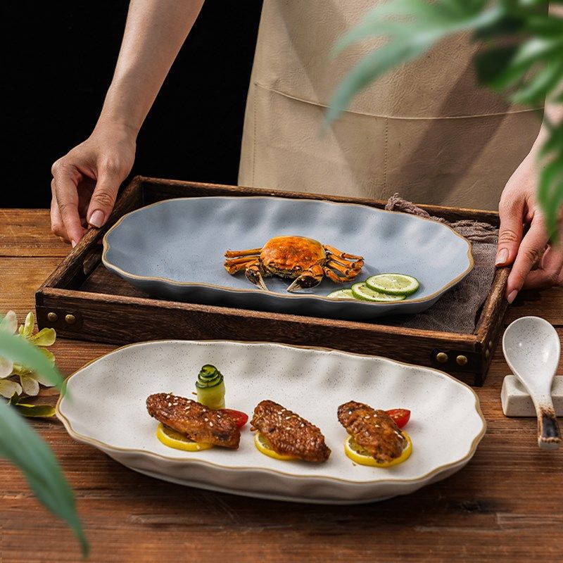 椭圆形鱼盘蒸鱼盘家用新款花边长盘子大尺寸鱼盘创意盘子烤箱可用