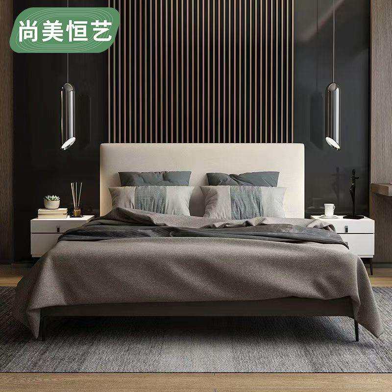 北欧风新款家用主卧床网红极简卧室布艺床现代简约实木双人床