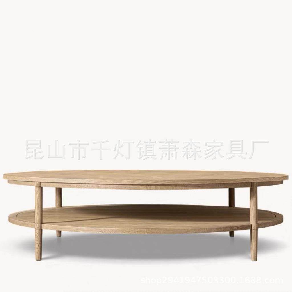 RH美式乡村实木圆茶几边几复古圆形茶台家用小户型咖啡桌客厅家具