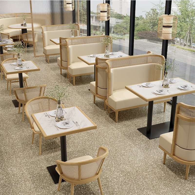 北欧餐厅成套餐桌椅实木藤编餐椅油蜡皮卡座主题民宿餐饮店桌椅