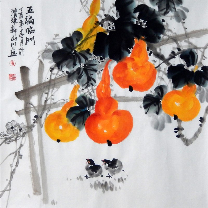 国画花鸟客厅画手五真迹客厅装饰四尺斗绘葫芦小鸡福禄方福临门图