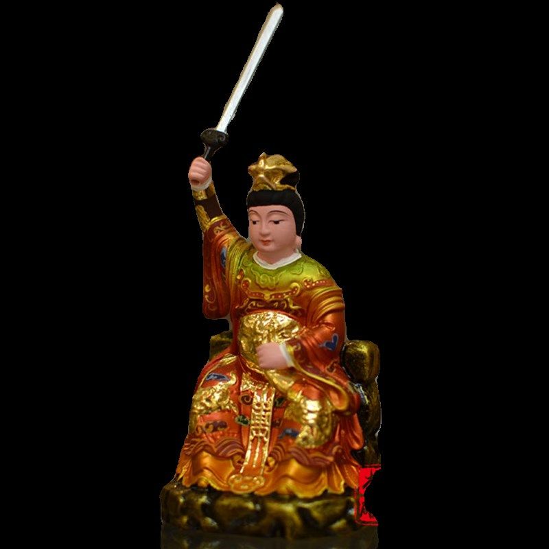 黄杨实木雕刻临水夫人真金彩绘顺天圣母陈靖姑精雕工艺品摆件神像