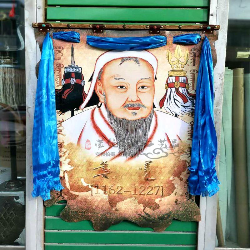 蒙古皮画成吉思汗哈达皮革彩绘挂画蒙古包家居餐厅工艺精品装饰画