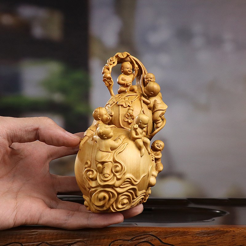 黄杨木雕刻工艺品子式家居装饰木藏摆件多中多福葫芦娃收质品送礼