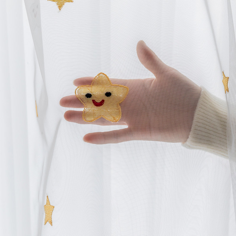 笑脸星星绣花窗帘纱帘透光五角星纱飘窗阳台窗纱儿童卡通刺绣成品