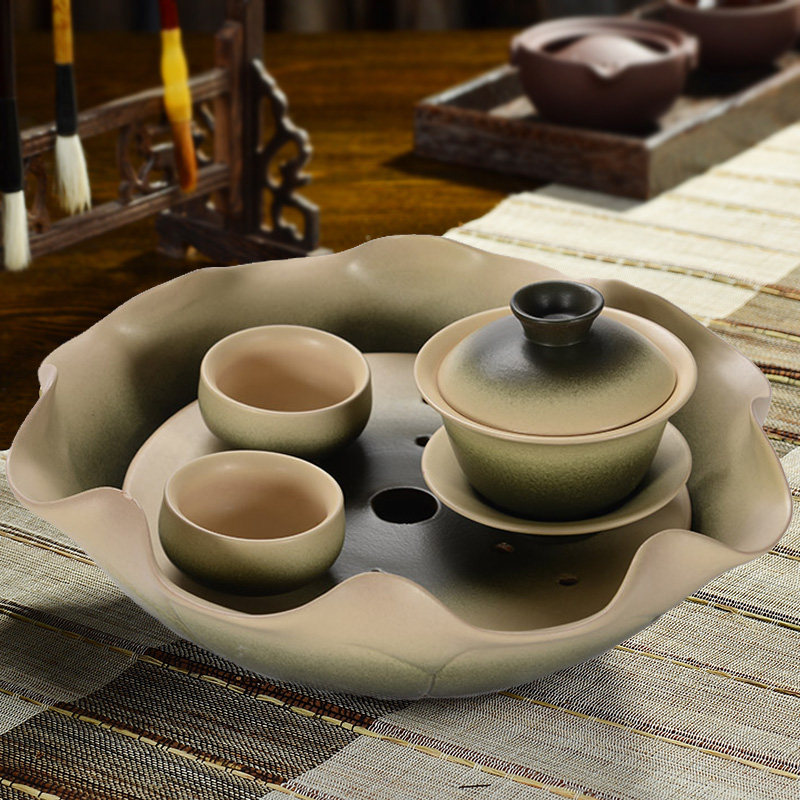 陶瓷茶盘圆形家台托盘台号储水荷叶盘干泡大茶用茶海功夫茶具套装