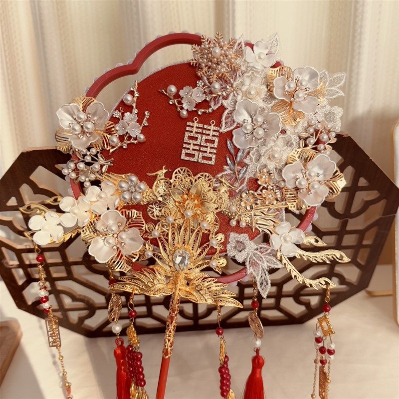 扇婚团扇中式新娘婚礼高级结子di服材料包手工喜扇秀禾y出嫁红色