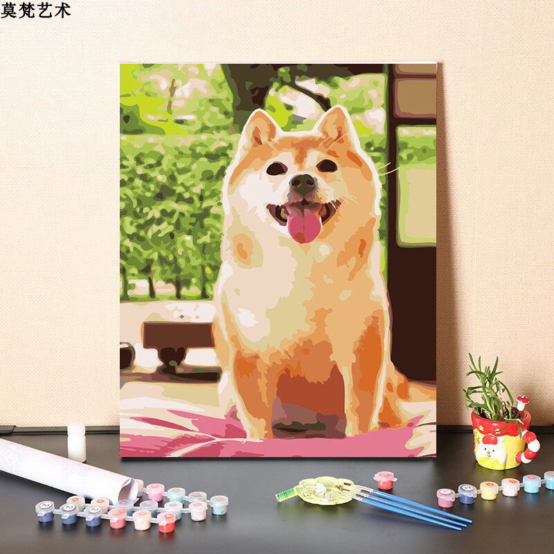 数字油画diy填充儿童房可爱动物柴犬狗手工填色减压油彩丙烯画画