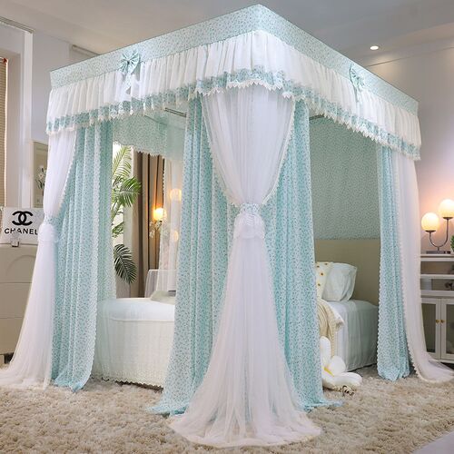 新款公主风床帘蚊帐遮光挡风一体式加粗双杆支架宫廷床幔带防尘顶