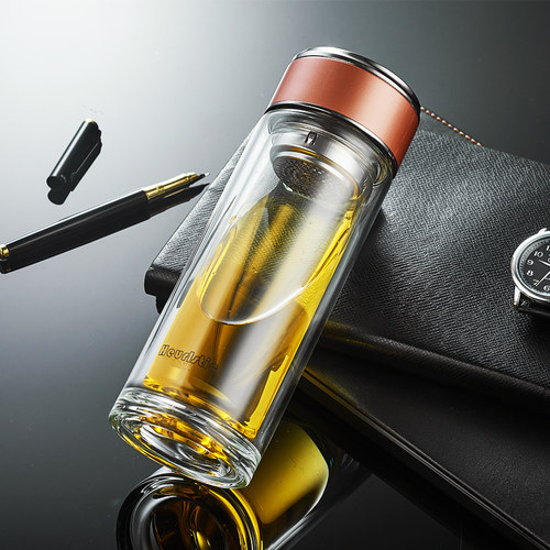 高档双层玻璃杯潮流带把家用泡茶杯透明水晶过滤便携商务男大水杯