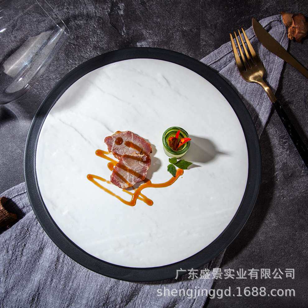 厂家现货创意餐具 特色酒店餐厅牛排意境菜盘哑光黑陶瓷平板圆盘