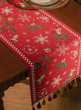 美式轻奢圣诞节日氛围感桌旗喜庆红色提花长条装饰布台布斗柜盖巾