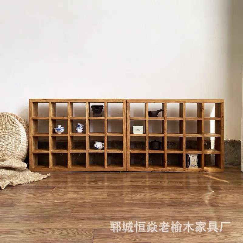 老榆木多宝阁博古架落地式格子架复古茶具收纳架隔断置物架展示架