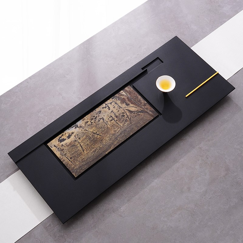 石金道国画石茶盘中式整块排水式乌金石头茶海家用送礼干湿泡茶台