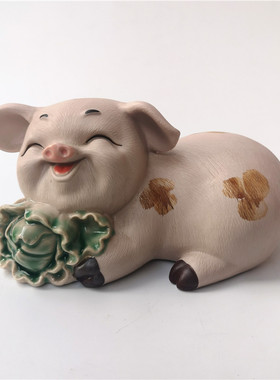 石湾公仔陶瓷家居装饰摆件客厅礼品纯手工生肖猪生菜玉米盆满钵满