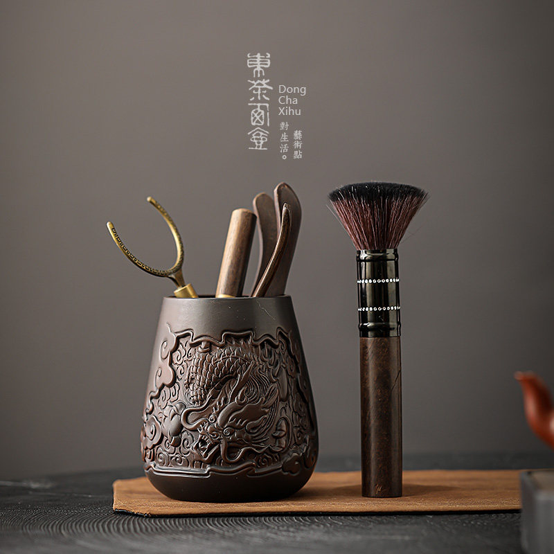 紫陶茶道六君子陶瓷茶筒功夫茶具配件茶夹茶勺茶笔杯叉组合黑檀木
