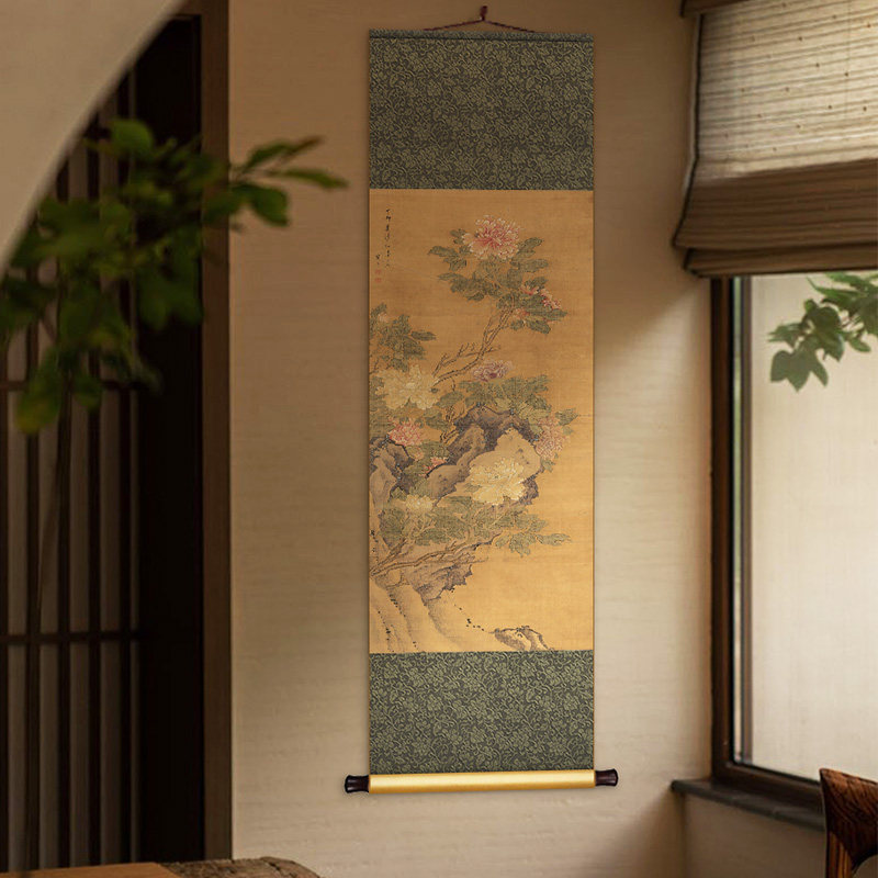 玄代陈卓牡丹图中式书房茶室鸟古卷轴挂画竖版清关餐厅花仿装饰画