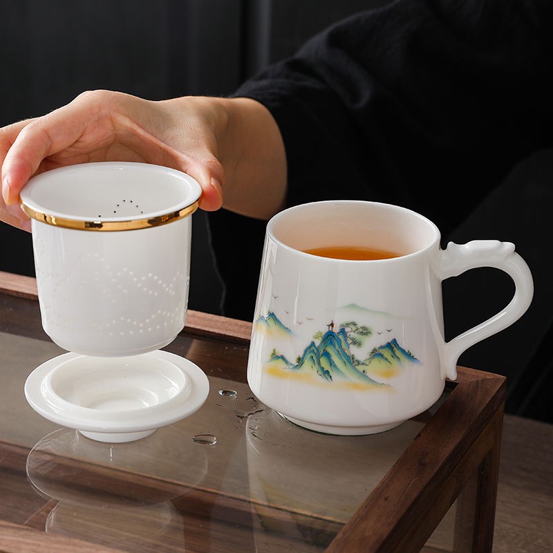 羊脂玉茶水分离办公杯陶瓷骨瓷泡茶杯喝水杯带盖高档礼品定制刻字