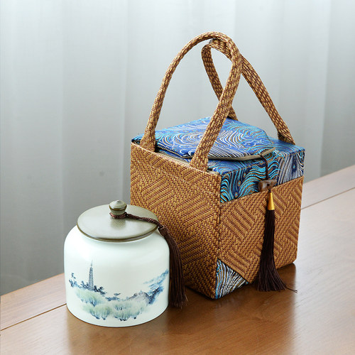 复古藤编布包陶瓷茶叶密封罐大号半斤装红绿茶碧螺春包装礼盒定制