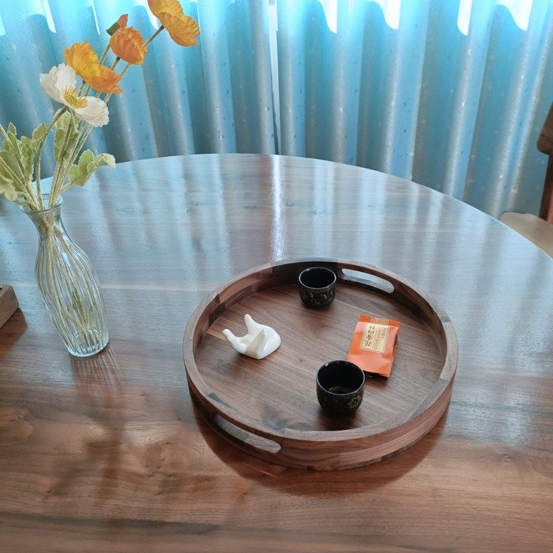 北美黑胡桃实木双耳圆形方形托盘茶盘水果盘客厅茶几茶点水果托盘