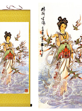 精卫填海卷轴画华三川人物百美图画像挂画中式复古客厅玄关装饰画