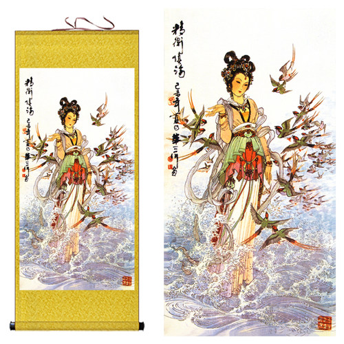 精卫填海卷轴画华三川人物百美图画像挂画中式复古客厅玄关装饰画