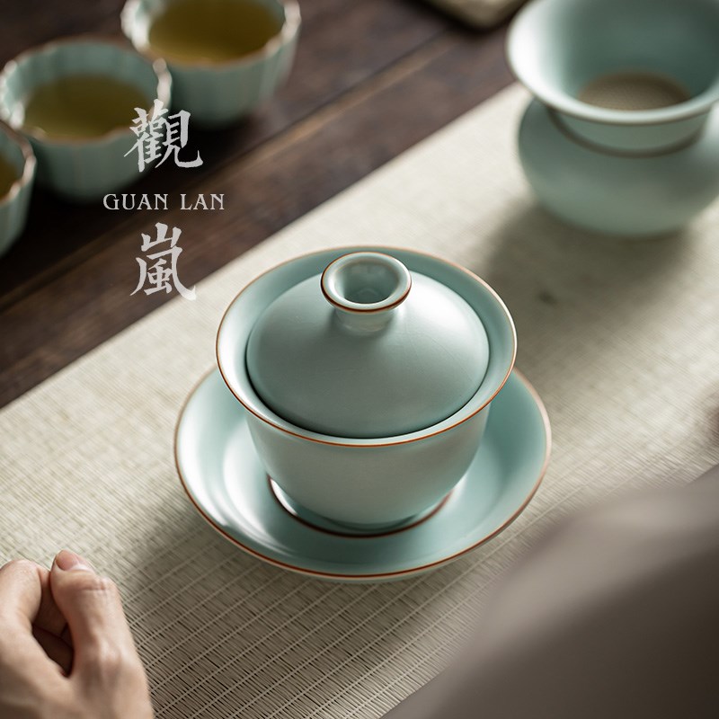 天青汝窑二才盖碗家用单个泡茶不烫手陶瓷盖碗冰裂釉开片可养