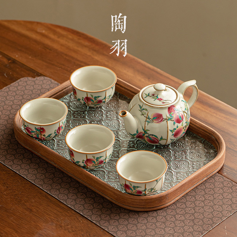 汝窑九桃茶壶一壶四杯茶杯茶盘家用陶瓷泡茶壶旅行泡茶功夫茶具