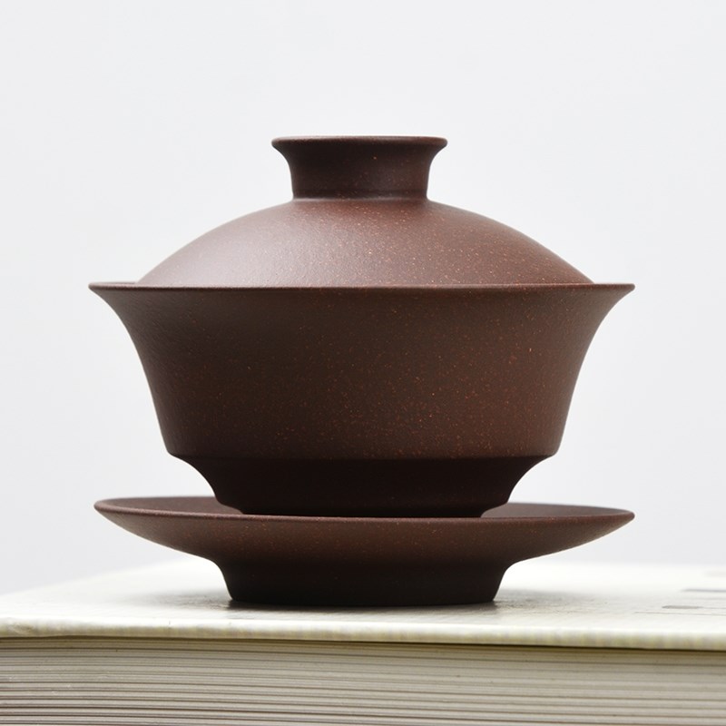 海庄功夫茶具宜兴紫砂盖碗紫泥三才杯全手工三才碗家用泡茶碗套装