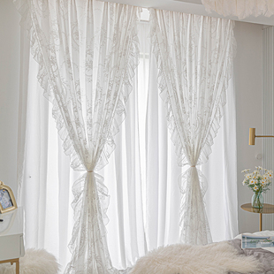 法式复古白色蕾丝公主风少女双层纱帘透光不透人卧室飘窗窗帘布帘