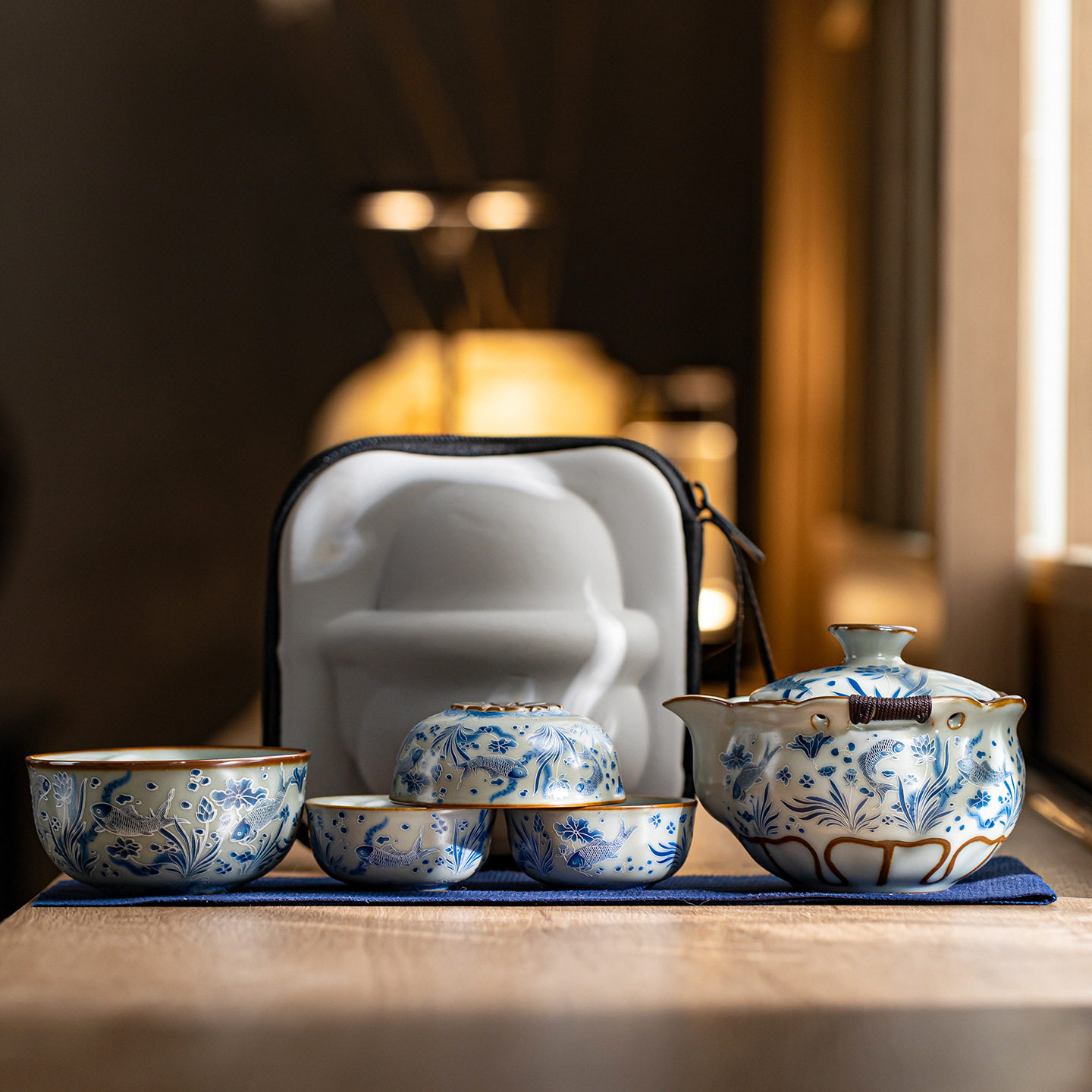 汝窑陶瓷快客杯一壶四杯鱼藻纹便携式旅行功夫茶具套装泡茶壶茶杯