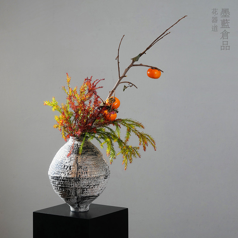 粗陶花器大号 手作陶瓷鲜花插花瓶花复古摆件客厅玄关侘寂风装饰