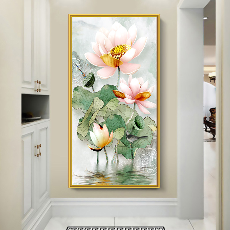 入户玄关画自粘3D立体进门墙面装饰壁画墙壁贴画荷花墙画贴纸防水