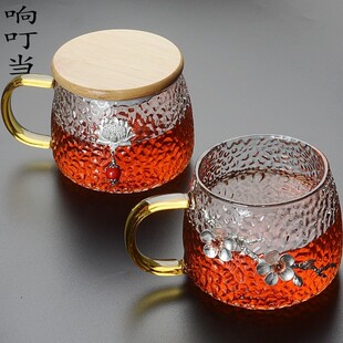 锤纹玻璃杯带把家用大容量泡茶杯办公室水杯女过滤带盖杯子梅花