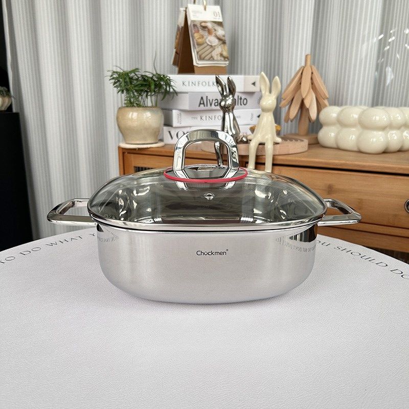 雅致方形汤锅18/10不锈钢加厚火锅涮锅三层复合钢家用煎锅24cm