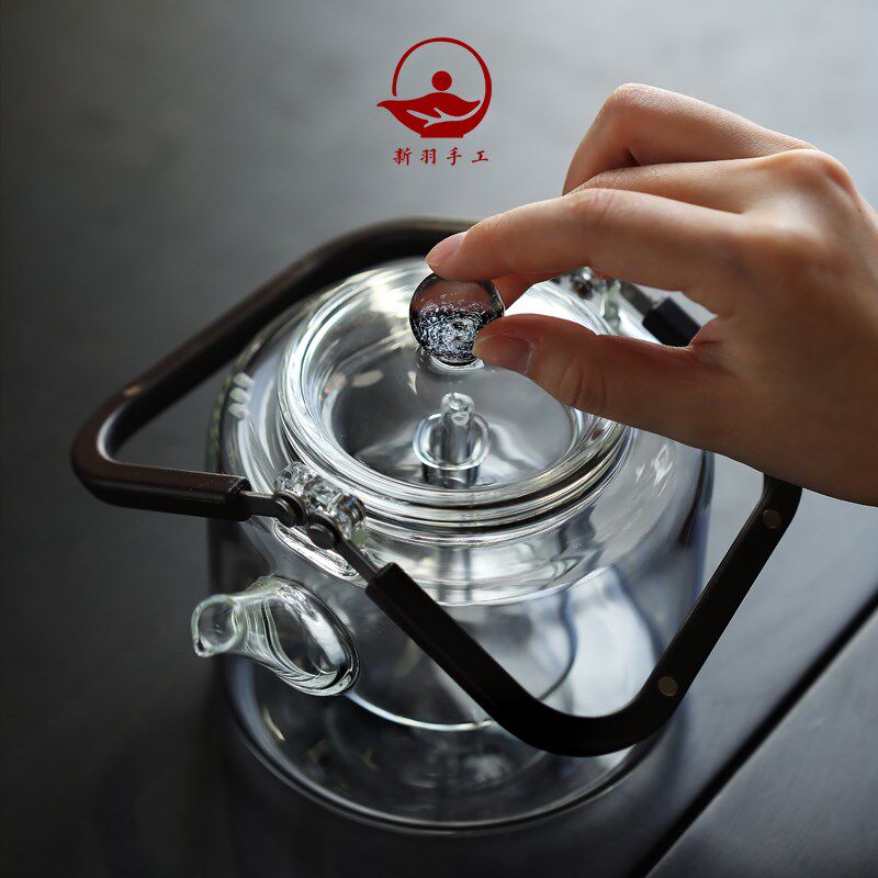 新羽手工茶具耐热玻璃蒸煮两用内胆磁吸提梁烧水茶壶星空夜钮功夫