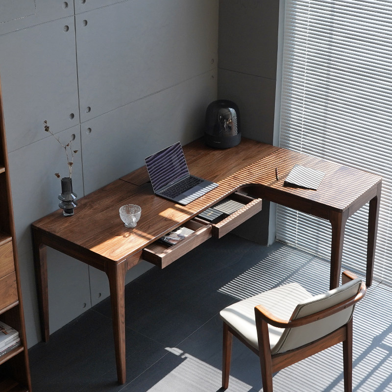 实木转角书桌黑胡桃木L型拐角式电脑桌学生家用一体角落工作台