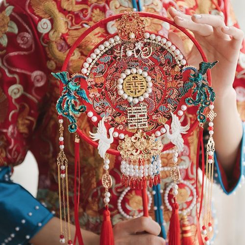 中式结婚礼喜扇明制汉服团扇成品高端长柄双圈古风宫扇diy材料包