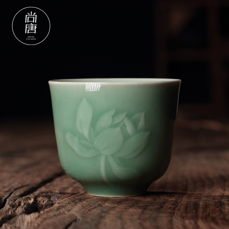 青瓷刻花大号功夫茶杯龙泉市陶瓷茶具主人杯全手工品茗杯单杯子