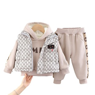 2026新款包邮男宝宝冬装棉服马甲三件套儿童加绒加厚卫衣冬季