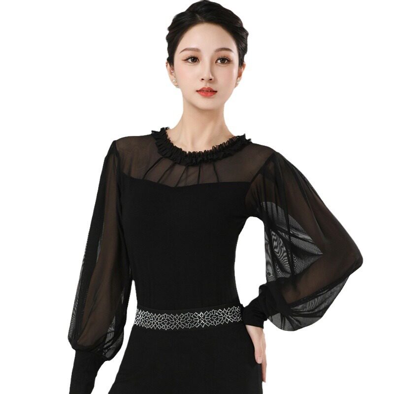 2026新款摩登舞蹈服网纱性感现代古典拉丁舞蹈服舞衣练功服上衣女