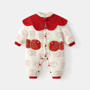 2025新款婴儿连体衣冬季加厚中国风女宝宝衣服喜庆过年服加厚