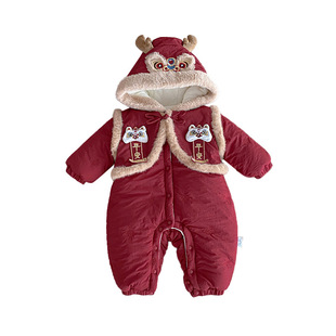 2025新款婴儿过年衣服冬装夹棉连体衣拜年服小月龄宝宝新中式